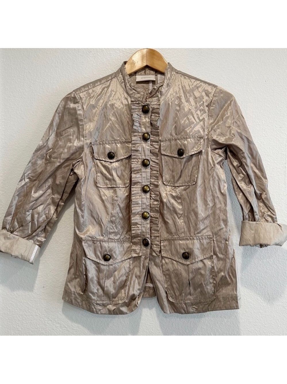 CHICO'S RUFFLE TEXTURE RORY JACKET CHICOS Utility Gold Shiny Jacket - Picture 2 of 6